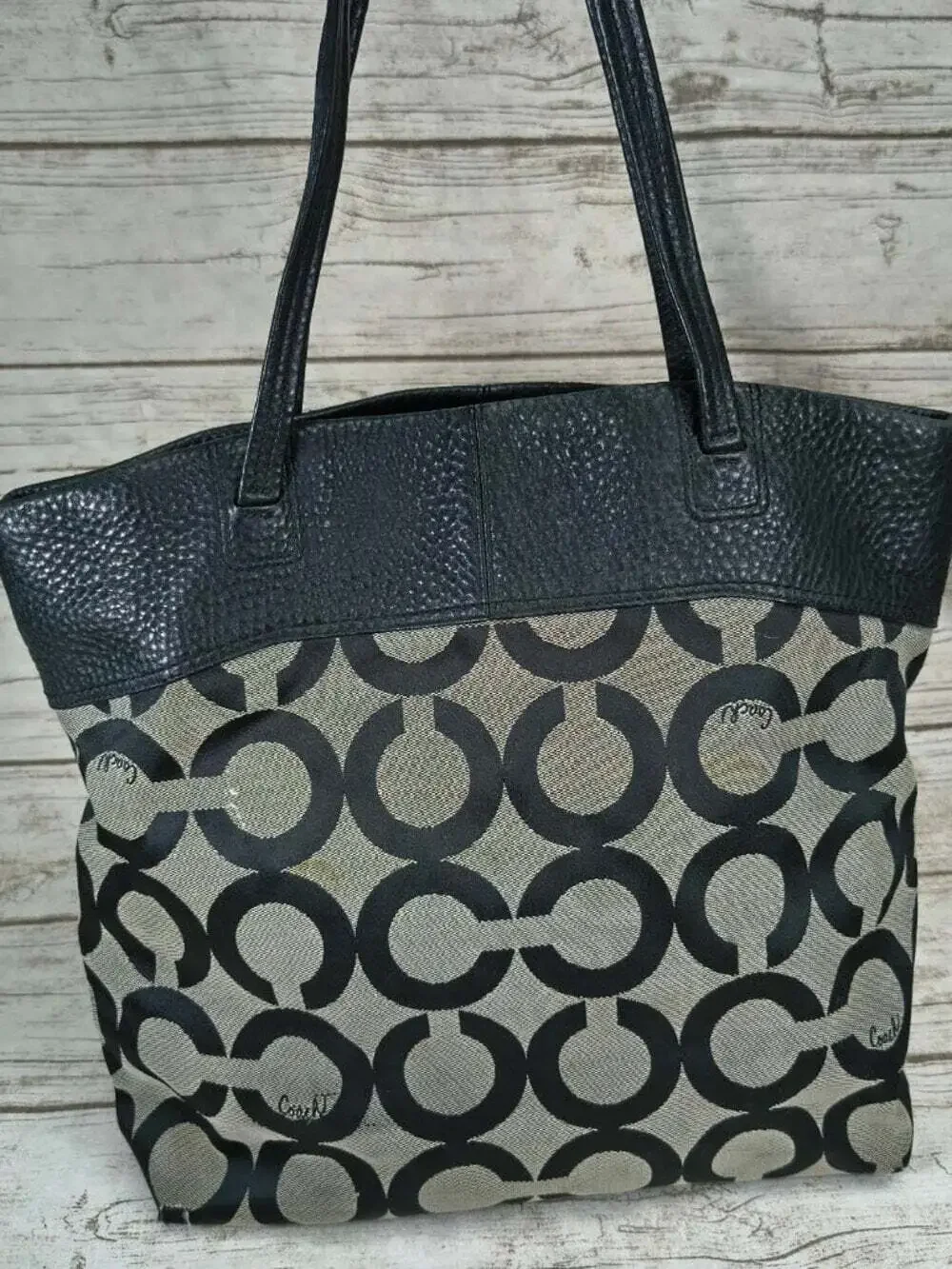 Coach Black & Beige Op Art Signature Canvas Large Tote Bag